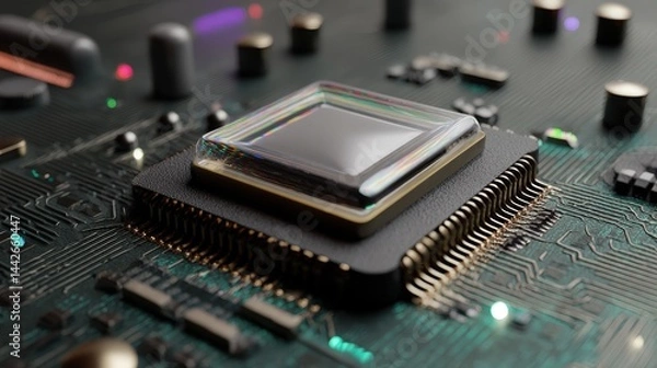 Fototapeta Realistic transparent cpu on a detailed circuit board showcasing modern technology and advanced computing power