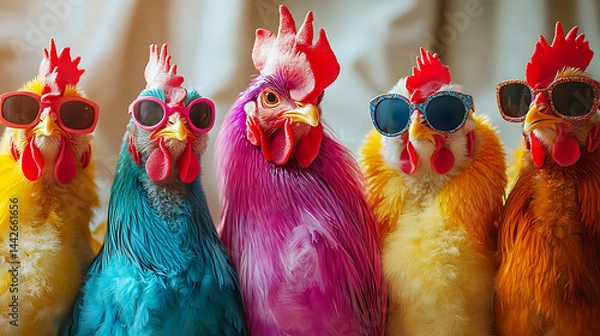 Obraz Group of colorful chickens wearing sunglasses shows funny and playful humor for farm animal,entertainment,and lighthearted concept visuals
