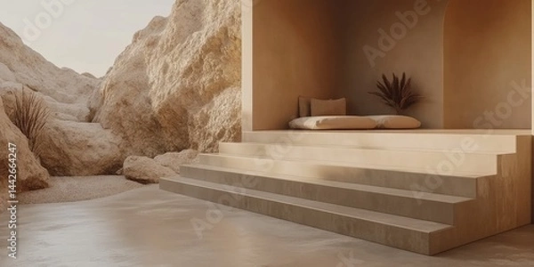 Obraz Minimalist beige interior design with stone walls.