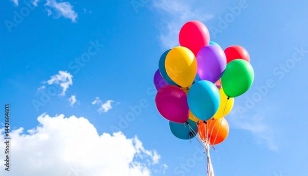 Obraz 空に舞い上がるカラフルな風船と澄んだ青空、涼しい風を感じる清々しいシーンが広がる心地よい風景

