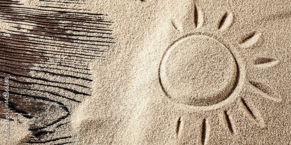 Fototapeta Close-up of beach sand on wooden rustic board with sun drawing - summer background with copy space for product display or text overlay. Travel-themed designs concept.