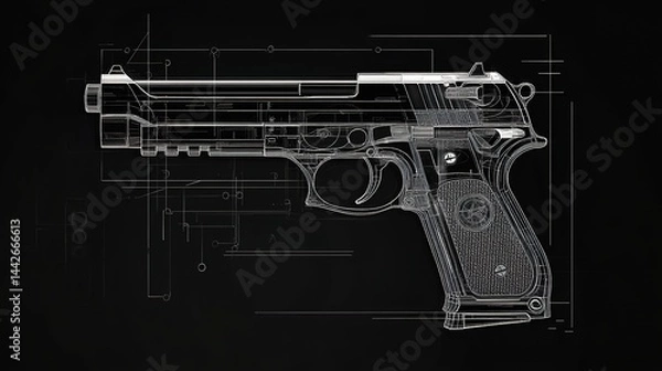 Fototapeta Line-drawing of a pistol with internal mechanics on black background.