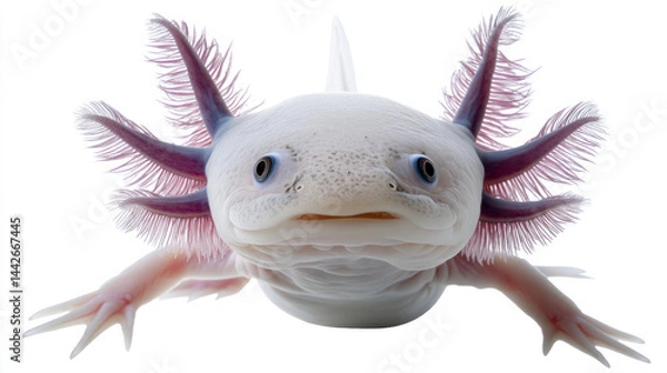 Fototapeta Red Book Axolotl - floating, frontal view, gills prominent, isolated on white background