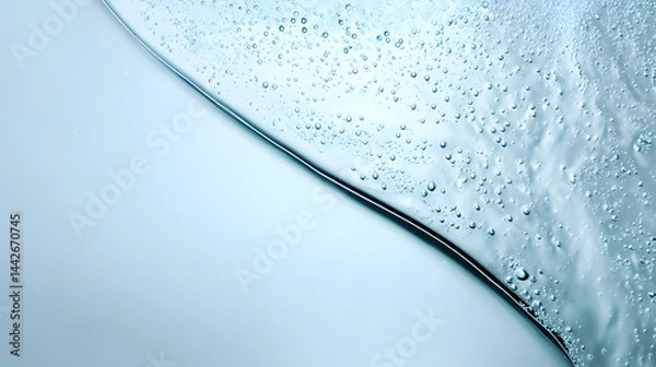 Fototapeta Close-up of water droplets on a light blue background, capturing freshness, purity, and a clean aesthetic, ideal for skincare, hydration, or environmental themes.
