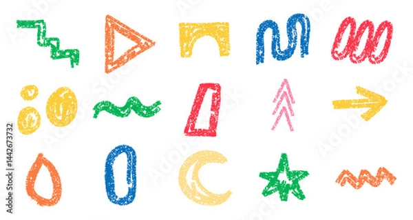Fototapeta Retro shape and scribble crayon abstract texture doodle set