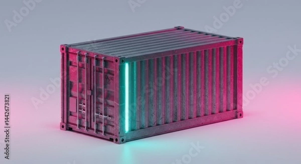 Fototapeta Metallic shipping container rendered with teal and magenta lighting