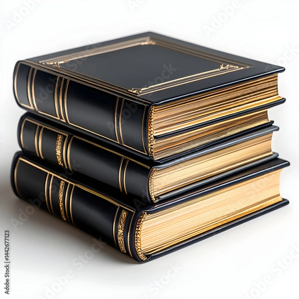 Obraz Stack of three antique leather bound books with golden pages on white background
