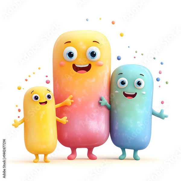 Obraz Three colorful cartoon characters embracing and smiling on white background
