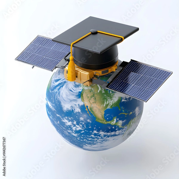 Obraz Satellite wearing graduation cap orbiting earth, promoting space education