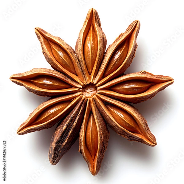 Obraz Star anise seed pod showing eight carpels forming star shape on white background