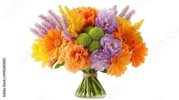 Fototapeta Bright floral arrangement featuring orange, purple, and yellow flowers in a glass vase with a transparent background for seamless integration into designs or presentations