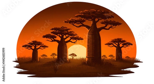 Obraz Silhouette of baobab trees at sunset with orange sky and sun in african landscape scene art  transparent background, white background. isolated on transparent background, png, jpeg, jpg,