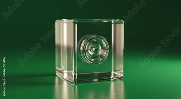 Obraz Transparent glass cube with embedded circular design against green background
