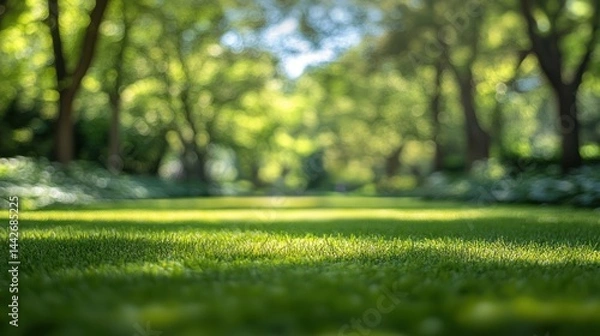 Fototapeta Green grass field with trees in the background on a sunny day.