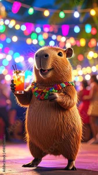 Fototapeta An animal capybara dressed in festive clothes holds a cocktail at a party