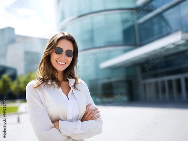 Obraz Happy Young Businesswoman Smiling in Front of Modern Office Building