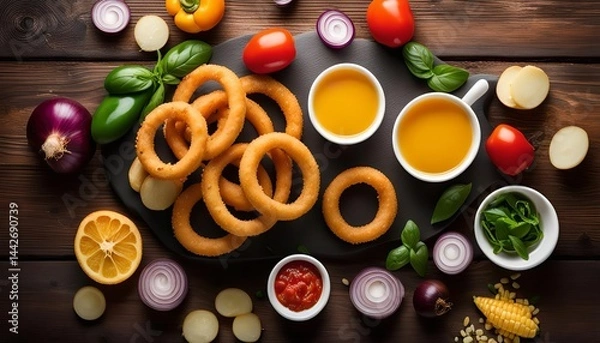 Fototapeta A Delicious Spread of Fried Onion Rings and Condiments
