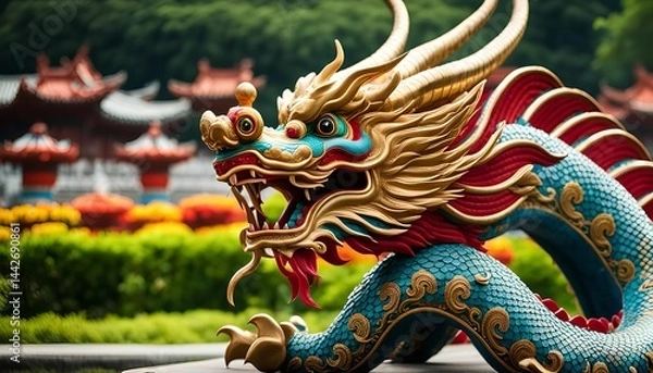 Fototapeta Mythical Dragon Statue in Temple Grounds