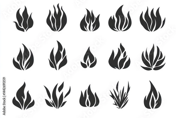 Fototapeta Black flame icons, graphic design elements, white background, web design