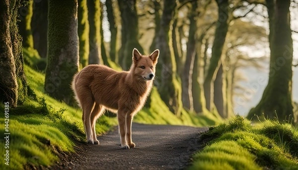 Fototapeta A dog on a path in the forest