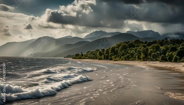 Fototapeta Tranquil Beachscape with Mountain Range