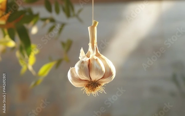 Fototapeta Fresh Garlic Hanging in Sunlight with Natural Green Background