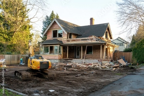 Obraz Partially demolished house with construction equipment and debris scattered in front during renovation or teardown process