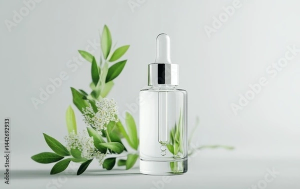 Fototapeta Clear Glass Dropper Bottle with Green Leaves on Light Background
