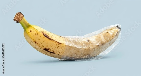 Fototapeta Banana Wrapped in Transparent Plastic on Blue Background