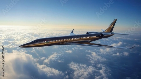 Fototapeta A wide-angle view of a luxury business jet soaring effortlessly through a cloudless sky, its polished body reflecting the sunlight