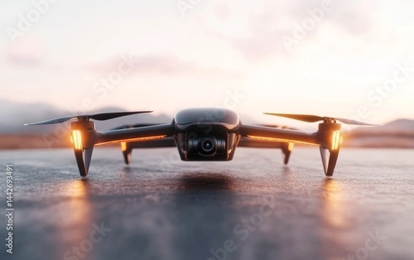 Fototapeta Sleek Drone Ready for Takeoff at Dusk with Vibrant Sky Background