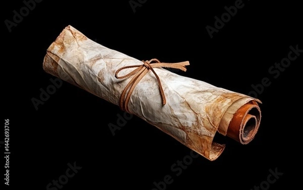 Fototapeta Vintage Scroll Wrapped with Leather Strap on Black Background