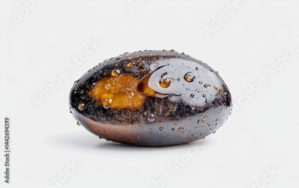 Fototapeta Glossy Black Olive with Water Droplets on Light Background
