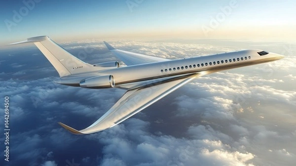 Fototapeta A wide-angle view of a luxury business jet soaring effortlessly through a cloudless sky, its polished body reflecting the sunlight
