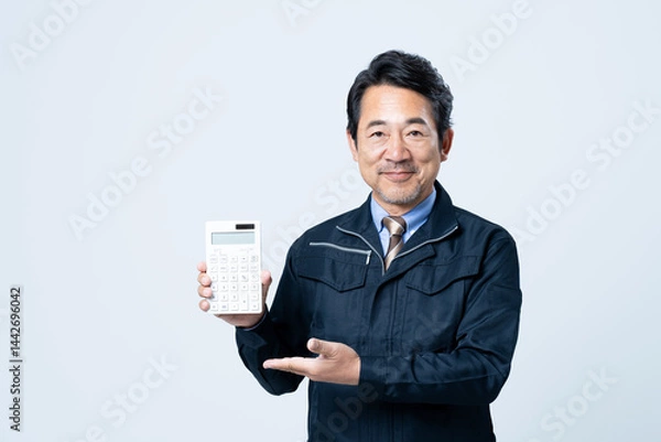 Obraz 電卓を持つミドルのビジネスマン