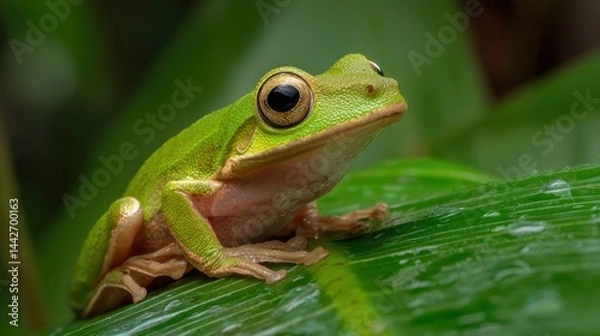 Fototapeta Emerald Tree Frog Resting on Lush Green Leaf