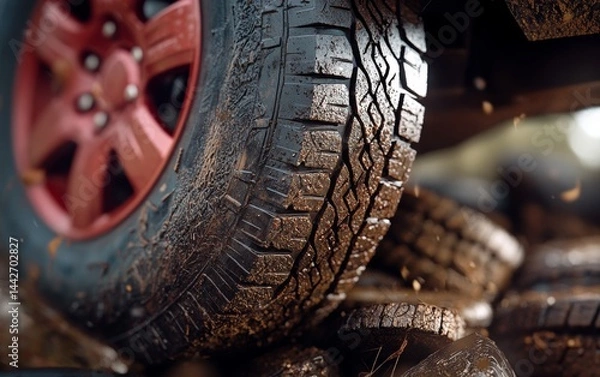 Fototapeta Close-up of Muddy Tire and Red Wheel in Outdoor Environment