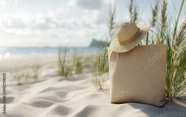 Fototapeta Summer Beach Scene with Straw Hat and Bag on Sandy Shoreline