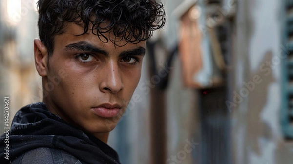 Fototapeta Intense close-up portrait of young muslim morroccan man with curly dark hair and piercing gaze wearing black hoodie against urban background, conveying determination, defiance and contemplation