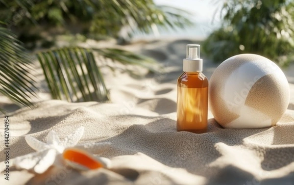 Fototapeta Beach Scene with Sun Protection Spray and Decorative Ball on Sand
