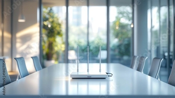 Fototapeta A Wi-Fi router on a sleek, white table in the center of the room emits a constant connection to the internet, keeping everyone online.