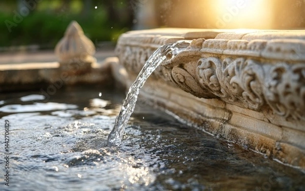 Fototapeta Water flowing from ornate fountain in serene garden setting