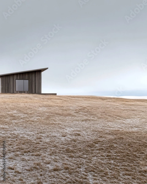Fototapeta Modern cabin on an open field with a tranquil view of the distant horizon