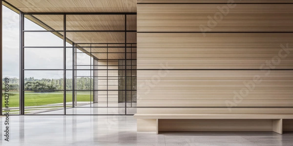 Fototapeta Modern architectural space with large windows and minimalist design in tranquil setting