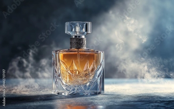 Fototapeta Elegant Glass Perfume Bottle with Amber Liquid and Misty Background