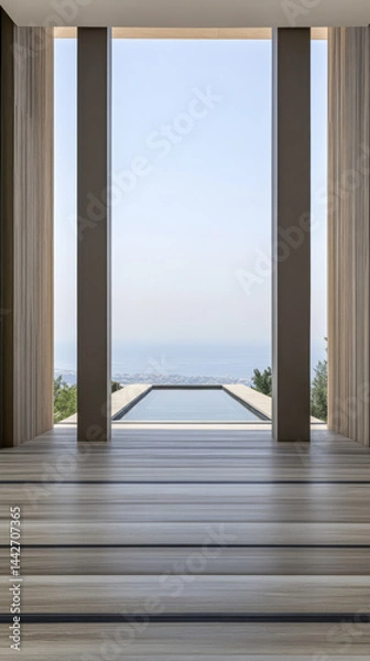 Fototapeta Modern architectural design showcasing open space with ocean view and serene atmosphere