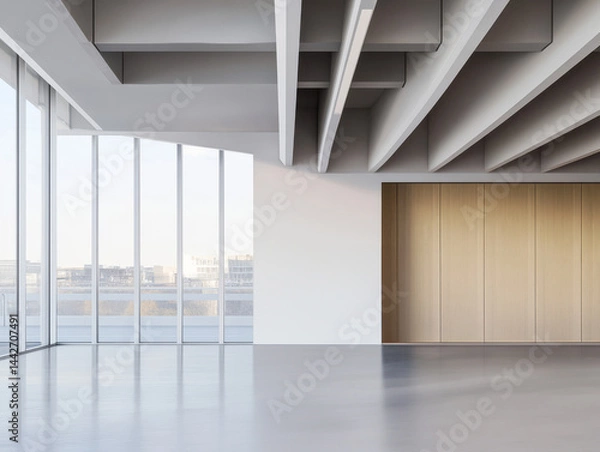 Fototapeta Modern architectural interior featuring expansive windows and minimalist design elements