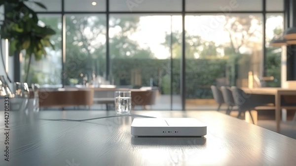 Fototapeta A Wi-Fi router sits on a modern table in a spacious room, providing seamless internet access