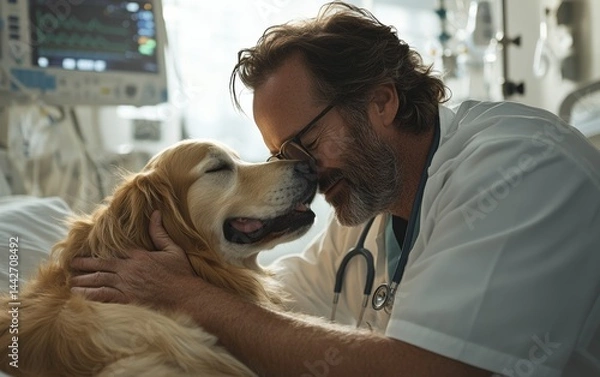 Fototapeta Loving Interaction Between Veterinarian and Golden Retriever in Clinic