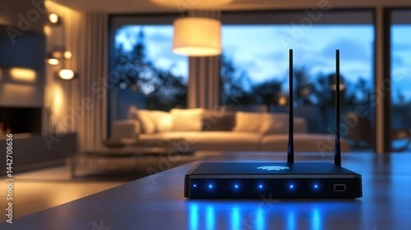 Fototapeta A Wi-Fi router sits on a table in a contemporary living room, its lights flashing in rhythm, providing internet connectivity to the surrounding space.